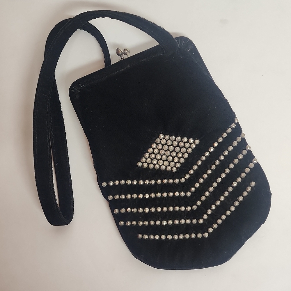 LEWIS Elegant Black Velvet Metallic Metal Studded Handbag Vintage 1940S Art Deco